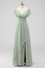 Sage Green A-Line Chiffon V-neck Long Bridesmaid Dress with Short Sleeves