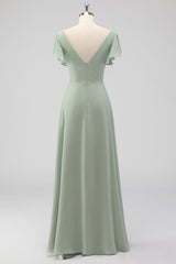 Sage Green A-Line Chiffon V-neck Long Bridesmaid Dress with Short Sleeves