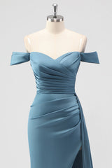 Dusty Blue Mermaid Off the Shoulder Satin Long Bridesmaid Dress with Slit