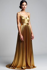 Metallic Golden A Line Long Wedding Guest Dress