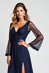 Navy A Line V-Neck Long Sleeves Mother of the Bride Dress with Slit
