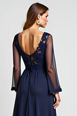Navy A Line V-Neck Long Sleeves Mother of the Bride Dress with Slit