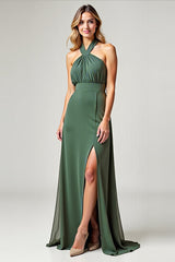 Chiffon Eucalyptus Crossed Straps Long Bridesmaid Dress