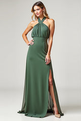 Chiffon Eucalyptus Crossed Straps Long Bridesmaid Dress