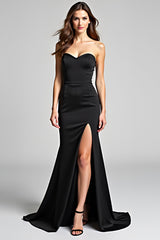 Strapless Long Black Mermaid Black Tie Dress with Slit
