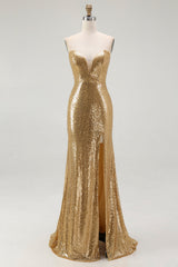 Sparkly Gold Mermaid Long Sequins Formal Dress with Slit