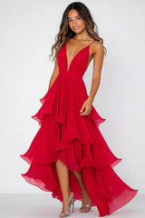 Red Deep A Line V-Neck Ruffled Long Asymmetrical Chiffon Formal Dress