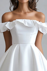 A Line White Satin Off the Shoulder Mini Graduation Dress with Ruffles