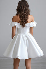 A Line White Satin Off the Shoulder Mini Graduation Dress with Ruffles