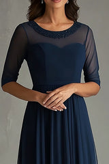 Scoop Navy Illusion Neck A Line Long Formal Dress with Sleeves