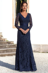 Lace Navy Sheath V-Neck Mother of the Bride Dress with Long Sleeves