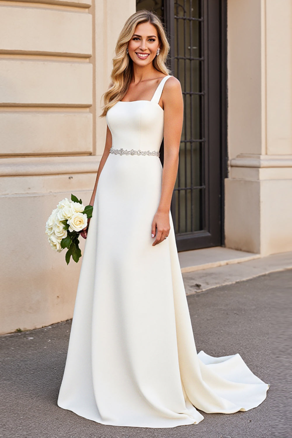 Ivory Satin Square Neck Long A Line Wedding Dress with Belt