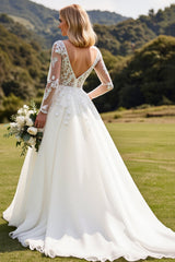 Ivory A Line Illusion Neck Long Sleeves Wedding Dress with Lace