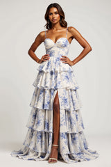 Blue Floral Spaghetti Straps Chiffon Tiered Long Prom Dress with Slit