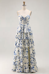 Blue Floral Spaghetti Straps Chiffon Tiered Long Prom Dress with Slit