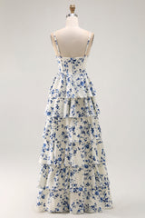 Blue Floral Spaghetti Straps Chiffon Tiered Long Prom Dress with Slit