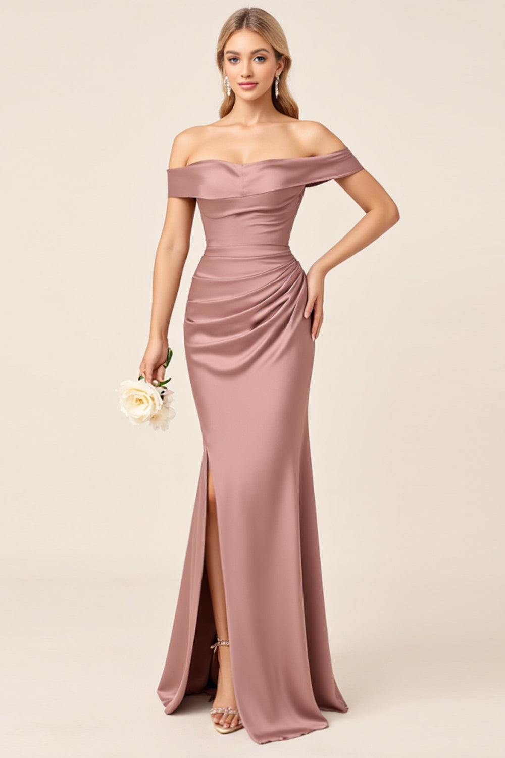 Sheath Dusty Rose Satin Off the Shoulder Long Bridesmaid Dress