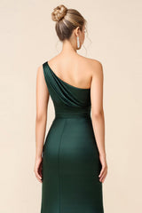 One Shoulder Pine Satin Long Bridesmaid Dress with Slit