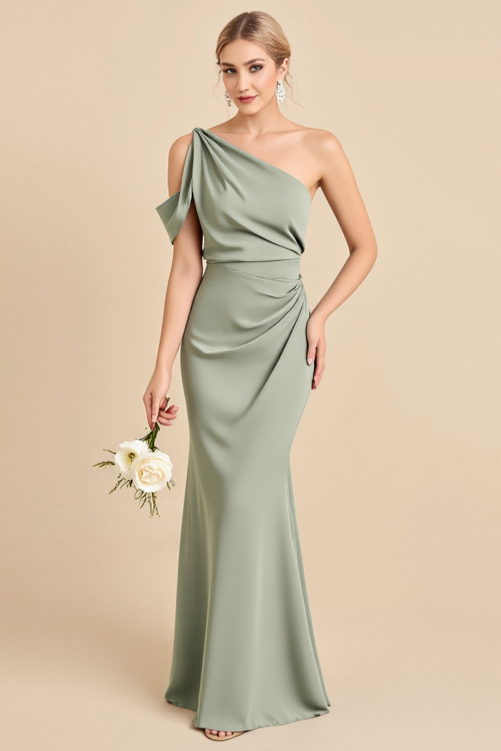 Matcha Sheath Satin One Shoulder Long Bridesmaid Dress