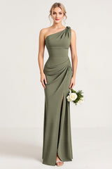 Sheath Olive One Shoulder Long Bridesmaid Dress with Slit