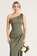 Sheath Olive One Shoulder Long Bridesmaid Dress with Slit