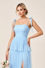Sky Blue A Line Spaghetti Straps Long Bridesmaid Dress with Slit