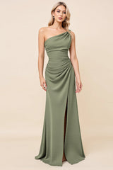 One Shoulder Eucalyptus Sheath Long Satin Bridesmaid Dress with Slit