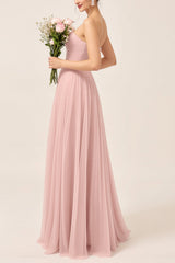 Blush Pink A Line Strapless Square Neck Maxi Bridesmaid Dress