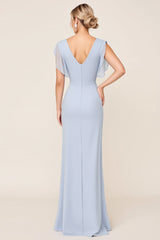 Light Blue V Neck Sheath Maxi Long Bridesmaid Dress