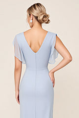 Light Blue V Neck Sheath Maxi Long Bridesmaid Dress