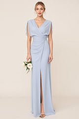Light Blue V Neck Sheath Maxi Long Bridesmaid Dress