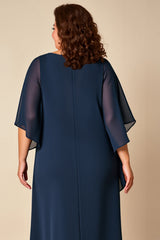 Navy Chiffon Plus Size Scoop Neck Loose Mother of the Bride Dress