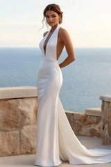 Simple Ivory Satin Mermaid Halter Neck Sweep Train Wedding Dress