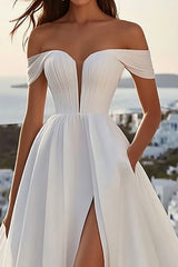 A Line Simple Ivory Sweep Train Off the Shoulder Wedding Dress with Slit