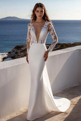 Mermaid Ivory Lace Sweep Train Deep V-Neck Wedding Dress