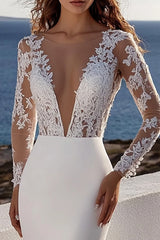 Mermaid Ivory Lace Sweep Train Deep V-Neck Wedding Dress