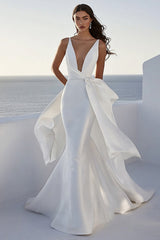 Ivory Streamer Satin Deep V-Neck Long Wedding Dress