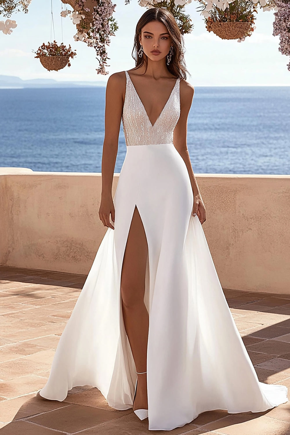 Ivory Chiffon Sweep Train Deep V-Neck Wedding Dress with Slit
