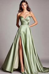 A Line Dusty Sage Sweetheart Ruched Long Prom Dress with Slit