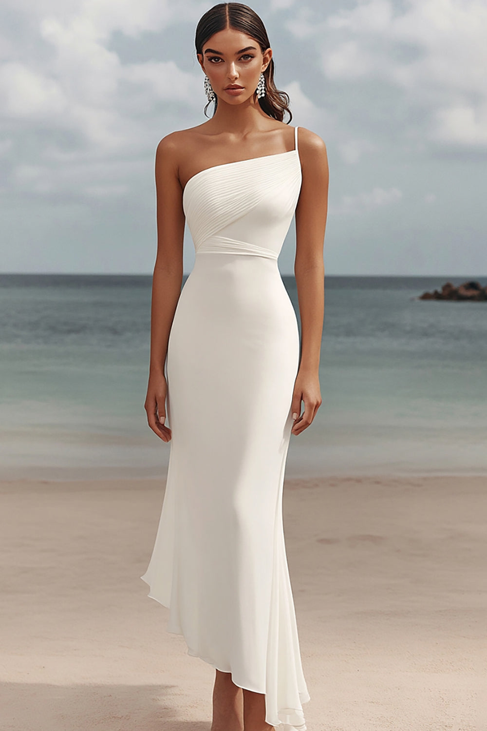White Chiffon Sheath Bodycon Long Rehearsal Dinner Dress