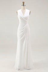 White Chiffon Sheath Ruched Sleeveless Long Rehearsal Dinner Dress