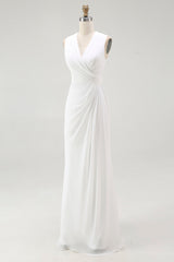 White Chiffon V-Neck Sheath Sleeveless Long Rehearsal Dinner Dress
