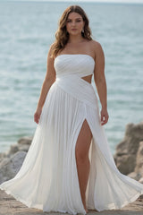 White Chiffon Strapless Pleated Long Rehearsal Dinner Dress with Slit