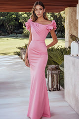 Pink Satin Sheath One Shoulder Long Formal Dress with Ruffles