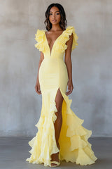 Yellow Chiffon Mermaid Ruffled Long Formal Dress with Slit