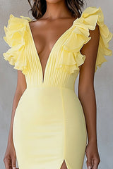 Yellow Chiffon Mermaid Ruffled Long Formal Dress with Slit