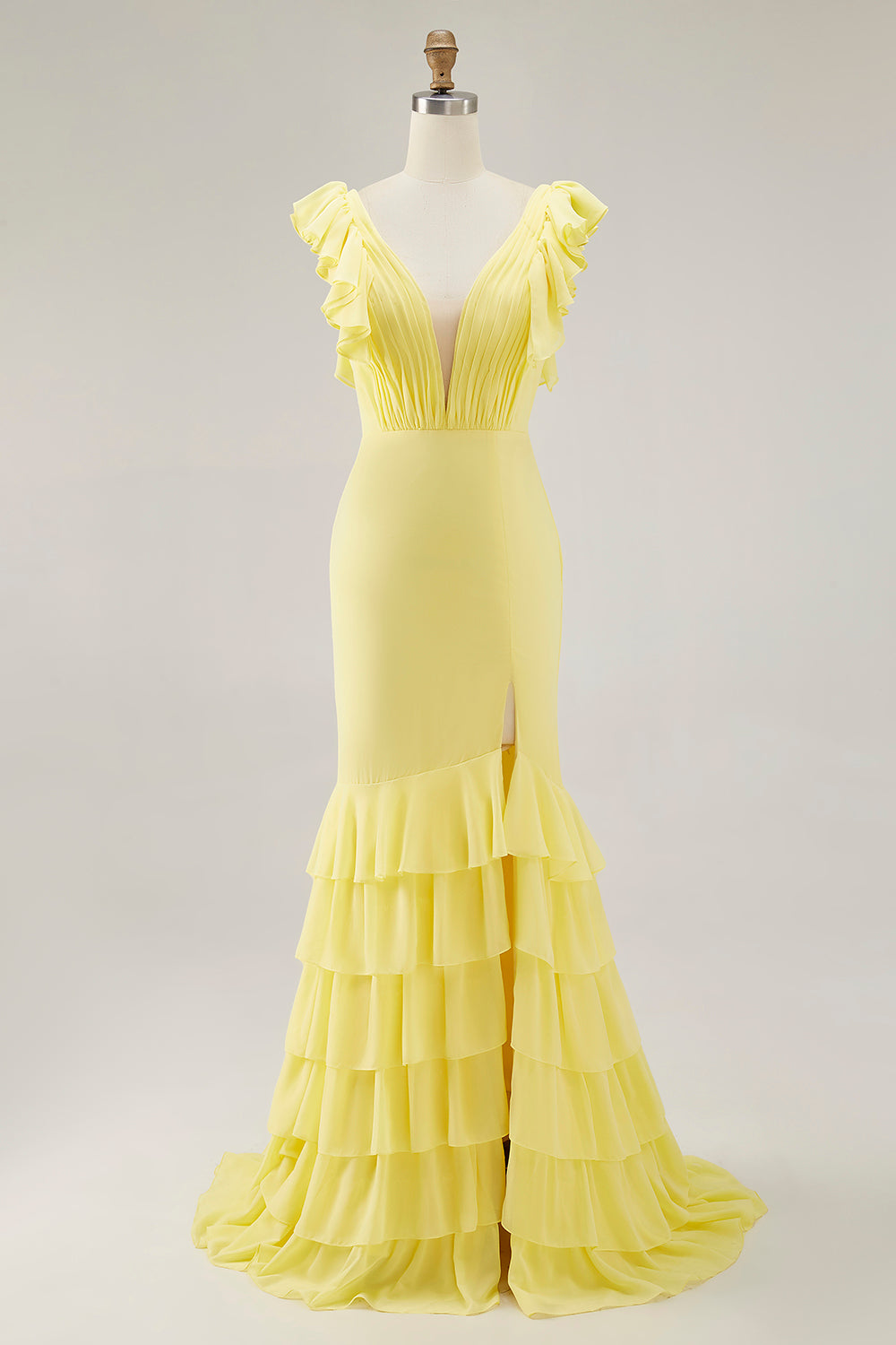 Yellow Chiffon Mermaid Ruffled Long Formal Dress with Slit