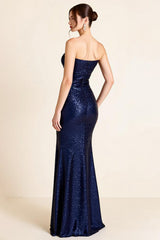 Navy Sheath Strapless Long Glitter Formal Dress with Slit