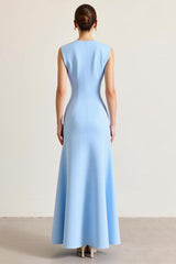 Sky Blue Sheath Sleeveless Long Formal Dress with Slit