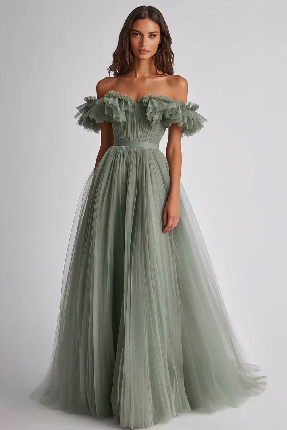 A Line Dusty Sage Off the Shoulder Long Wedding Guest Dress with Ruffles